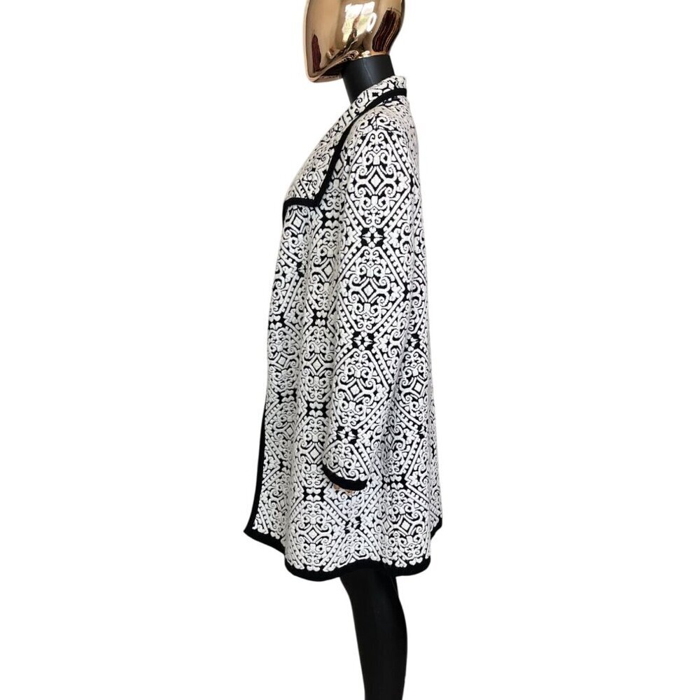 Icelandic Design Black White Jacquard Knit Cardigan Coat Medium Wool Blend - Picture 5 of 10